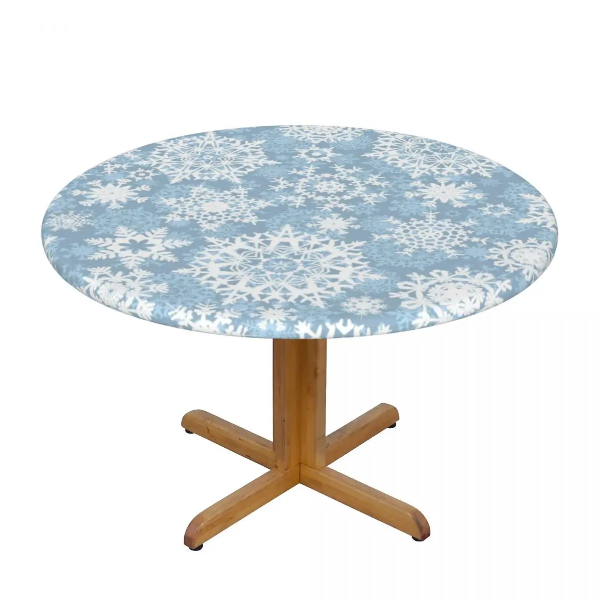 

Round Table Cover for Dining Table Elastic Tablecloth Snow Flakes Pattern Fitted House Hotel Decoration