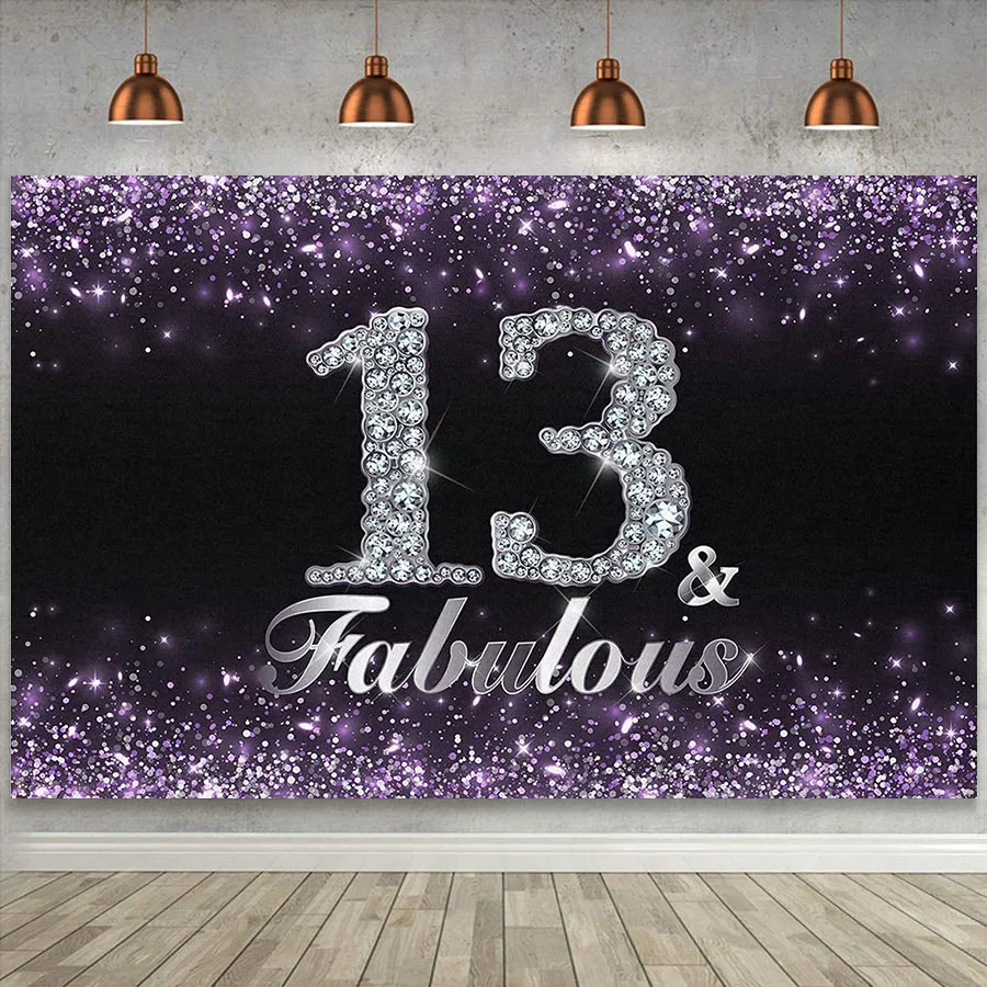 

Happy 13th Birthday Party Backdrop Cake Table Banner Wall Poster Decor Thirteen 13 Years Old for Girls Purple Glitter Diamond