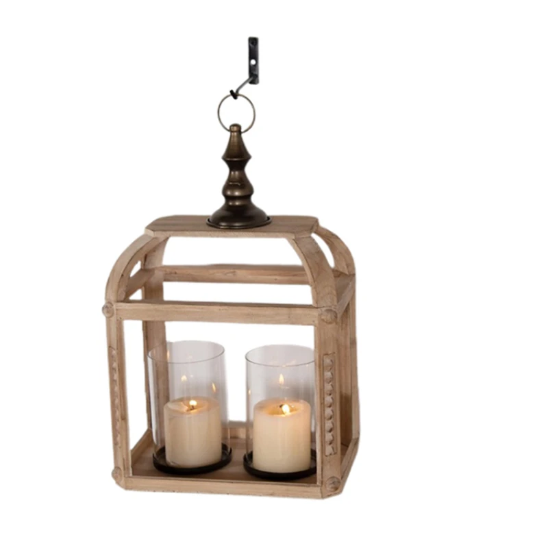 Factory Price Wholesale Farmhouse Hanging Table Top Decorative Candle Lantern Handmade Wooden Lantern Candle Holder