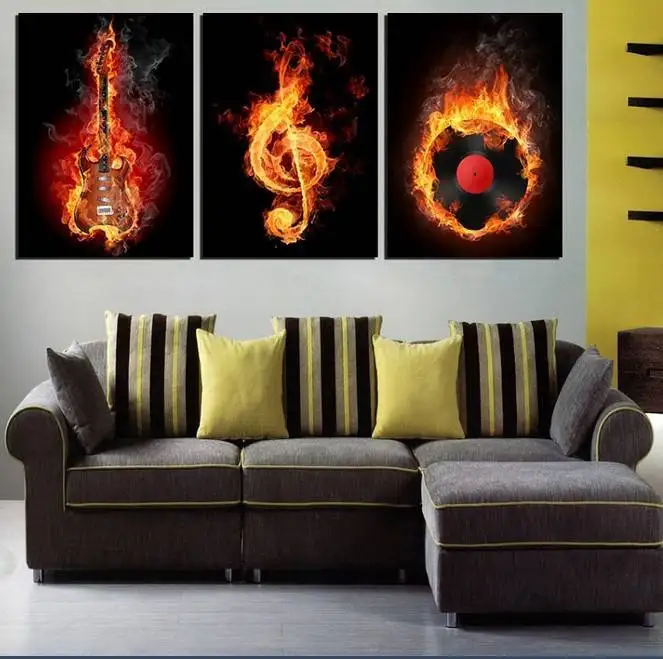 

Music Art 3 Panel Wall Painting Modern Home Decors Black Burning Guitar Pop Art Pictures Decoration On Canvas Painting Printed -