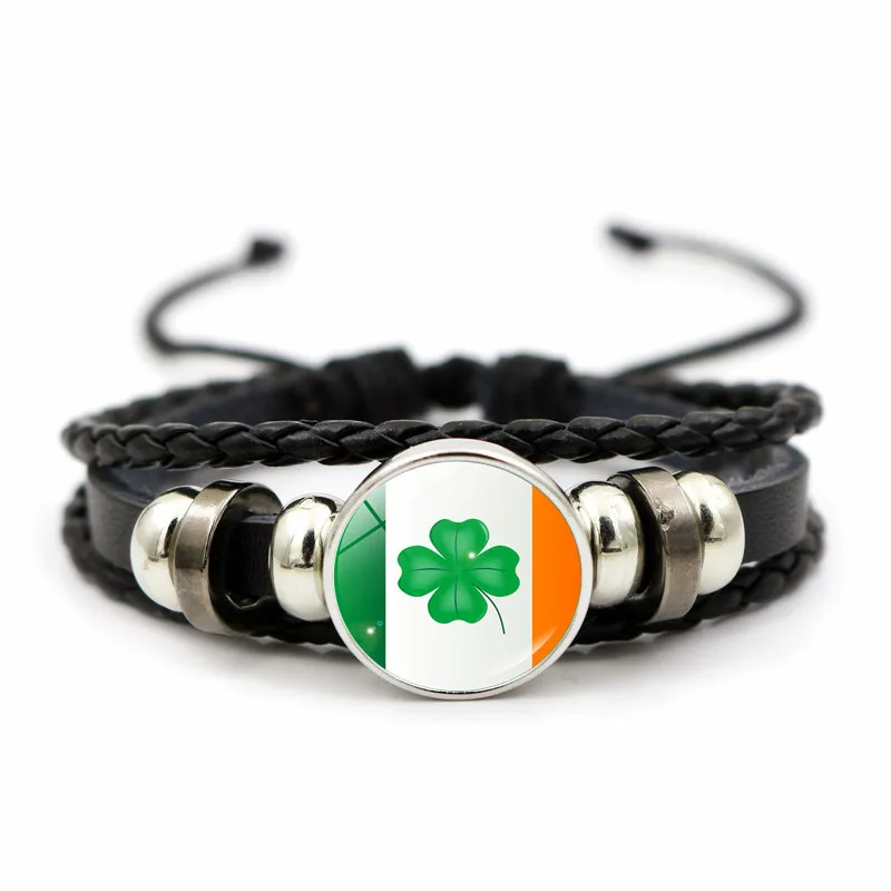 Ирландский флаг клевера кожаный браслет тканые бусины с зеленой счастливой