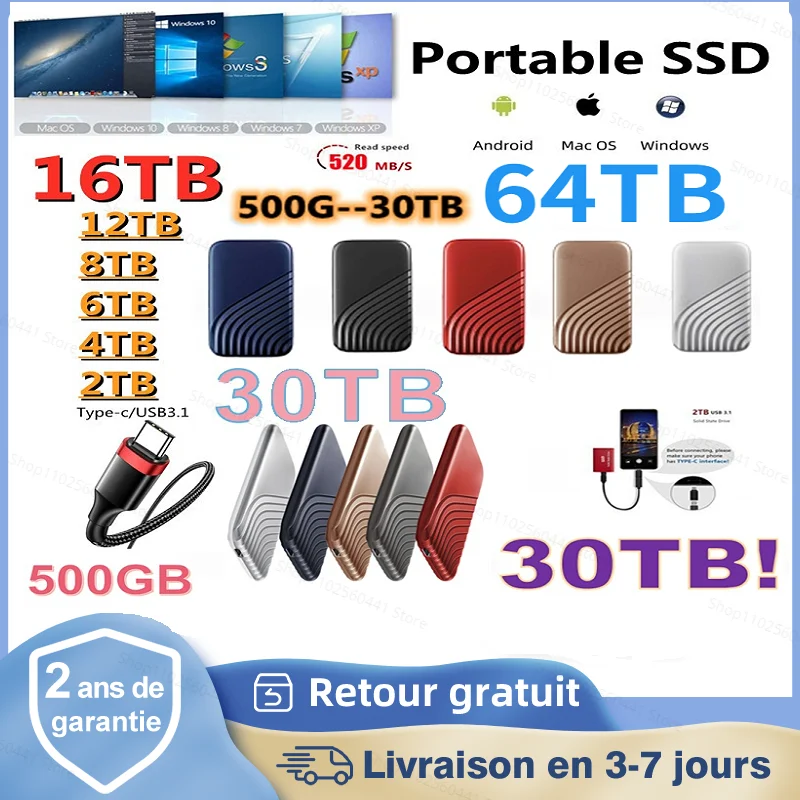 

Protable SSD 500GB 1TB Type-C High Speed USB3.1 16TB 8TB 6TB 4TB 2TB External Solid State Drive Mobile Hard Drive for Computer