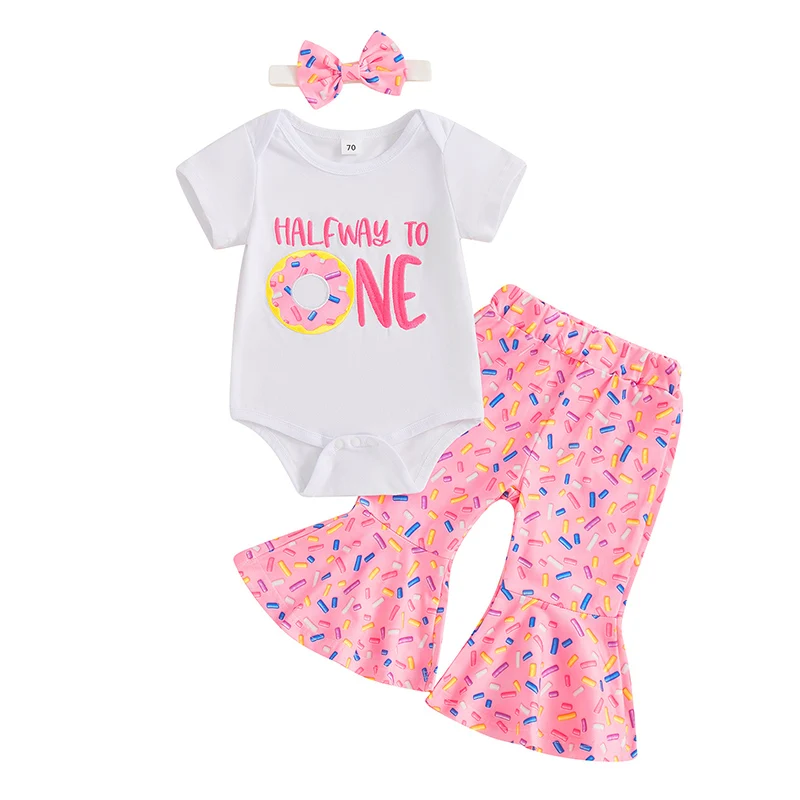 Baby Girl Summer Outfits Letter Donut Embroidered Short Sleeve Romper Flare Pants Headband 3Pcs Clothes Set