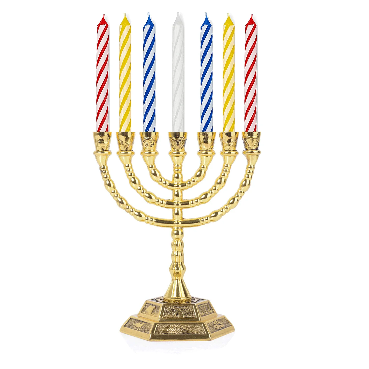 

BRTAGG Menorah 7 ветвей со свечами, 12 племен Израиля, еврейский подсвечник храма jerusora (13 см, золото)