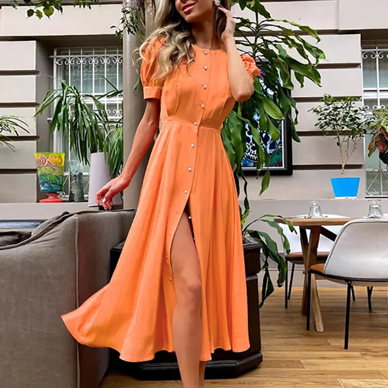 Classic Women's Summer Dress with Slit 2023 Orange Elegant O Neck Maxi Dresses Office Ladies Buttons Up Holiday Dress for Women