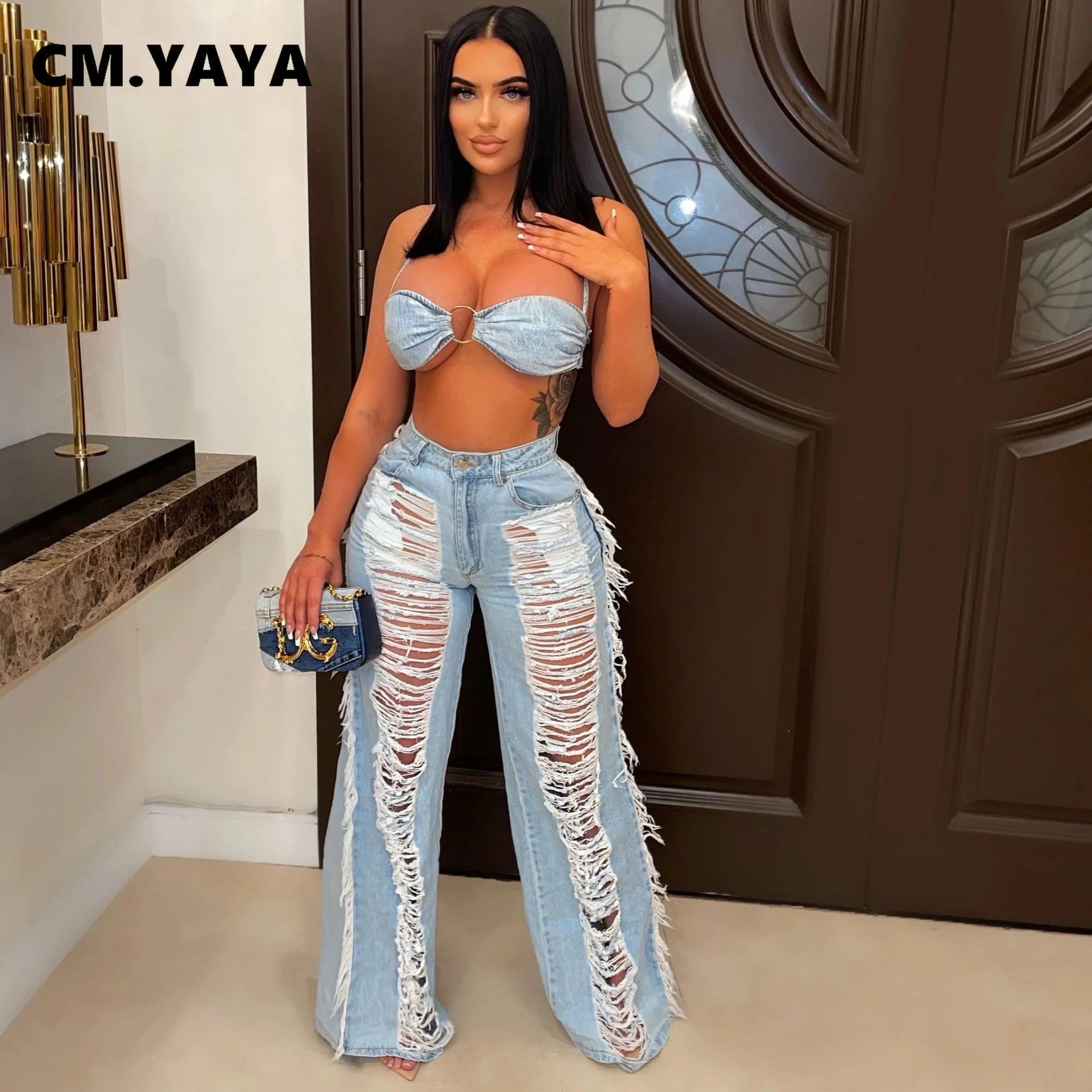 Женский джинсовый костюм из двух предметов CMYAYA элегантный укороченный топ и