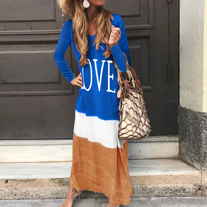 

Female Casual V Neck Office Long Dress Autumn Elegant Letter Print Long Sleeve Dress Fashion Contrast Color Pullover Party Dress