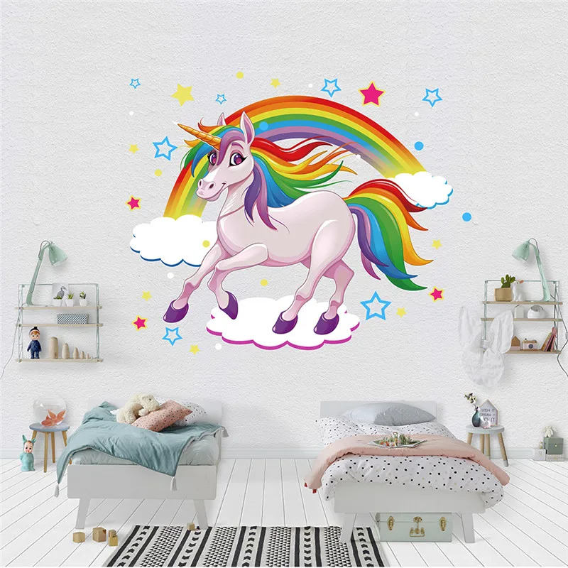 Rainbow & Unicorn Running On Clouds Wall stickers Room Decoration Art Vinyls Decals Children Kids Living Bedroom Home Mural | Дом и сад