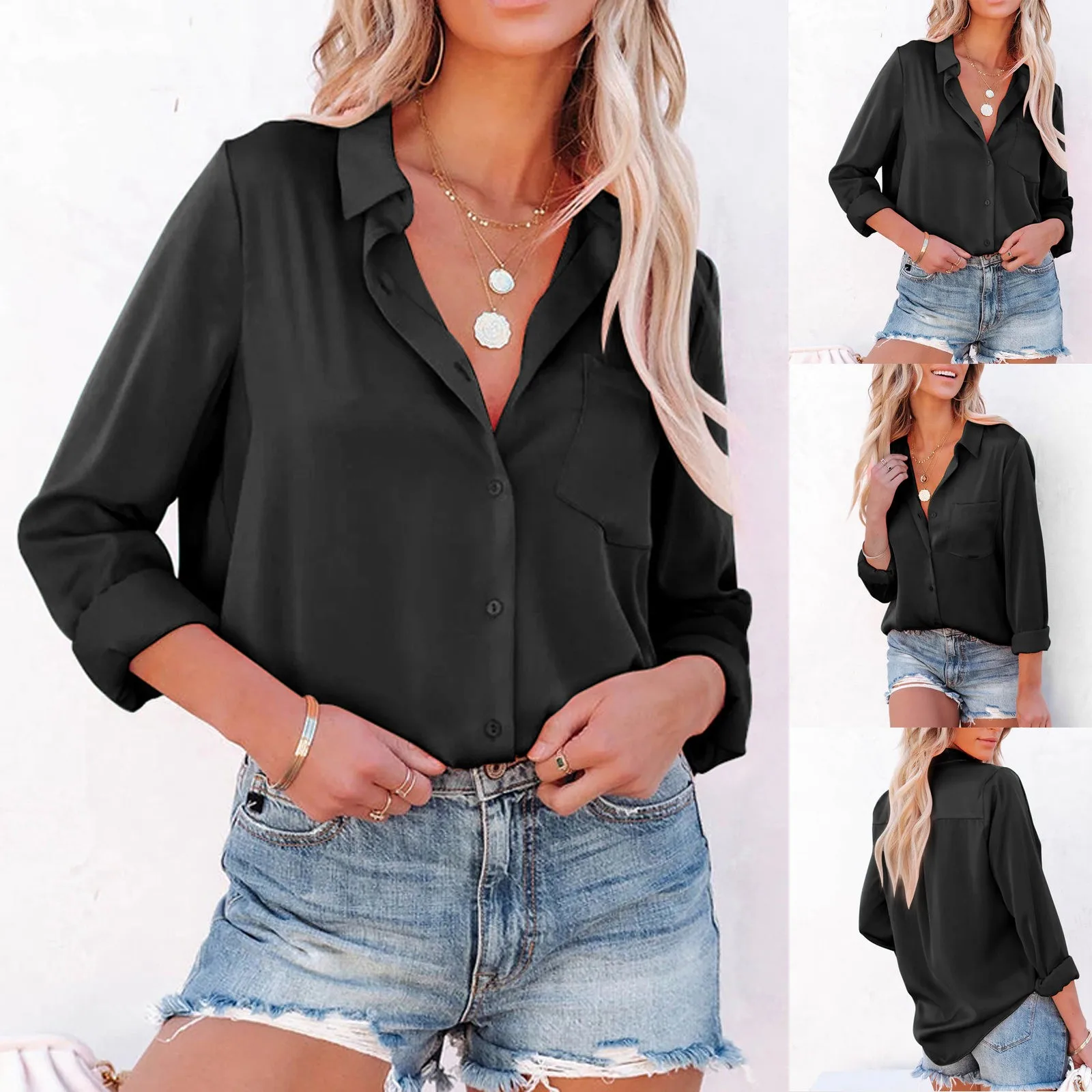 

Elegant Long Sleeve Solid V-neck Chiffon Blouse Women Female Office Solid Color Shirts Casual Regular Loose Comfortable Tops