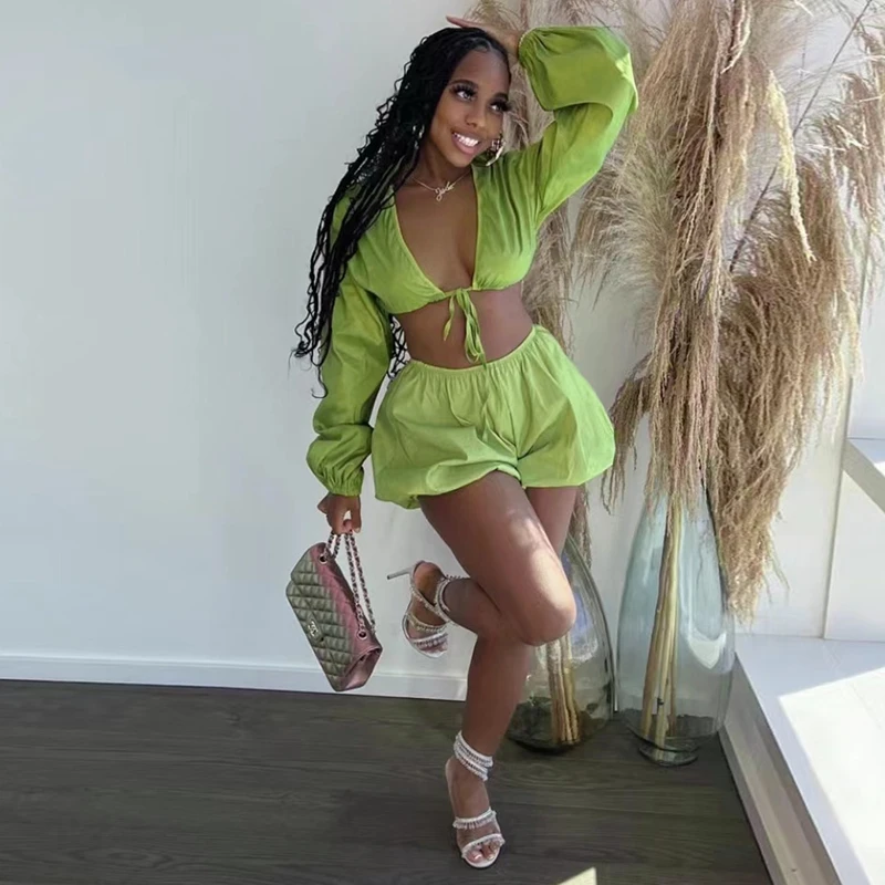 

Комплект из двух предметов Женский, пикантный топ на завязках с рукавами-фонариками и шорты, Спортивная Повседневная Клубная одежда, улична...