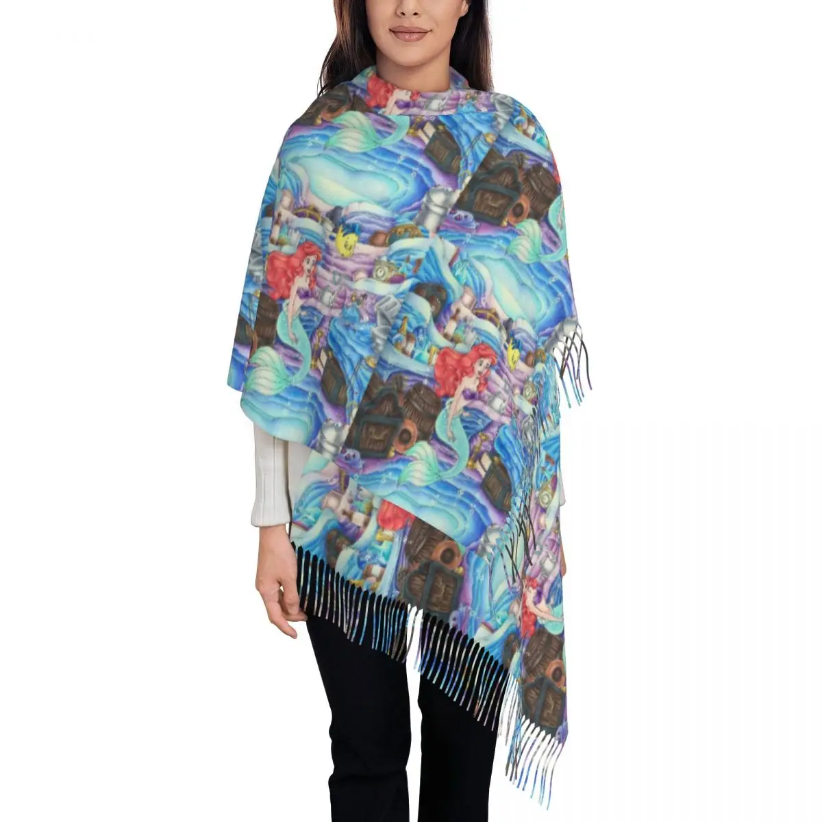 Женский шарф принцессы с рисунком русалки на заказ длинные зимние теплые шаль
