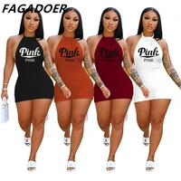 fagadoer new pink print mini dress halter lace up backless bodycon dress summer solid sleeveless sexy club party street vestidos