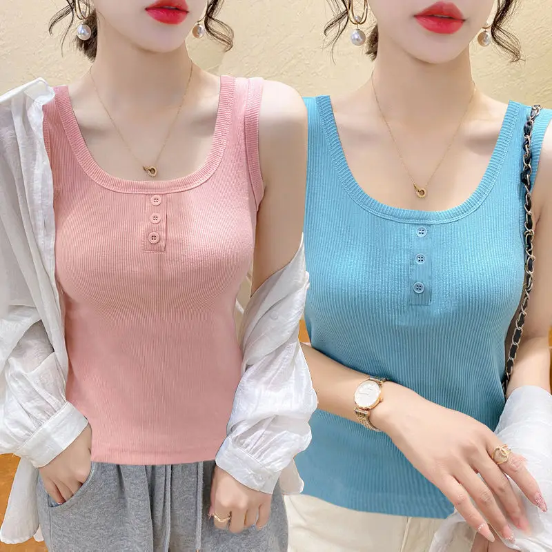 

Contrast Color Unique V Neck Knitted Sling Top Women Sexy Short Vest Summer Hottie Love Button Tanks Streetwear Camis G56