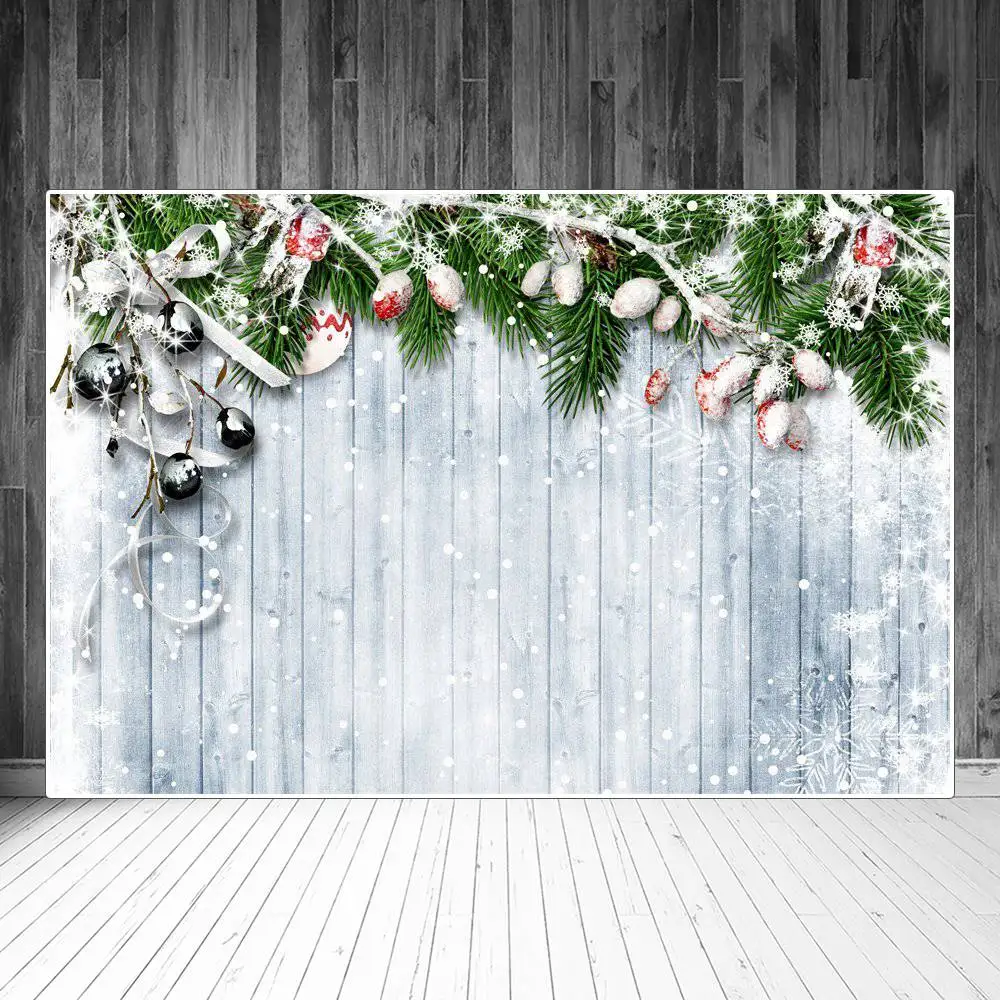 

Фон для фотосъемки с изображением рождественских снежинок сосны падуба шариков серых деревянных досок