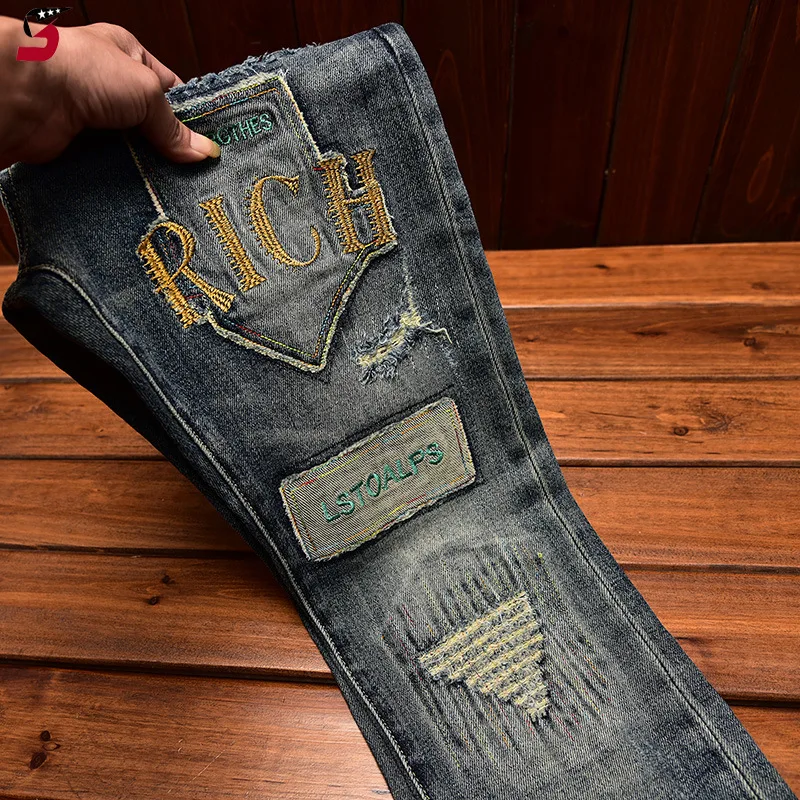 Мужские джинсы в американском стиле модные брендовые облегающие синие длинные