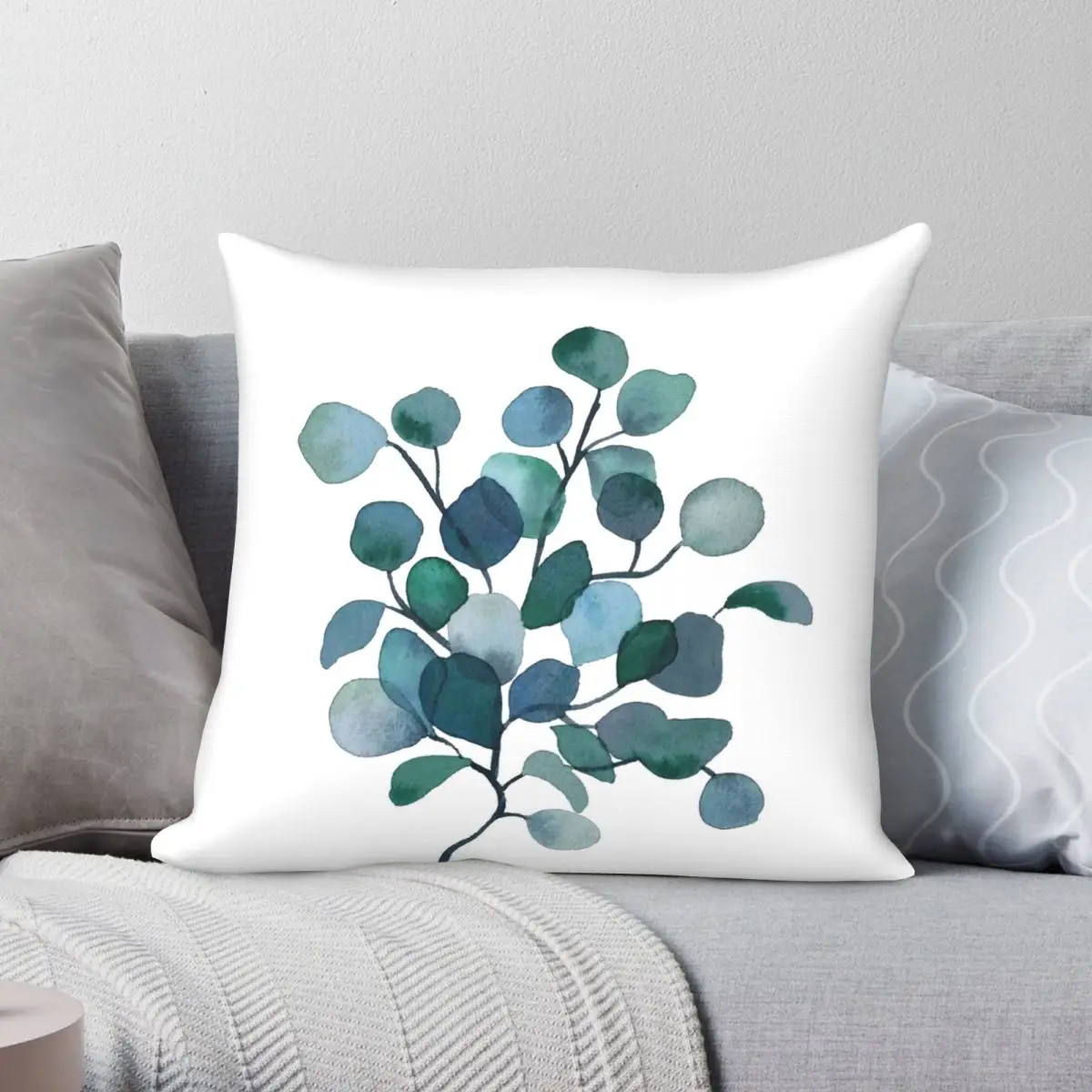 

Eucalyptus Watercolor Painting Square Pillowcase Polyester Linen Velvet Creative Zip Decor Car Cushion Cover 18"