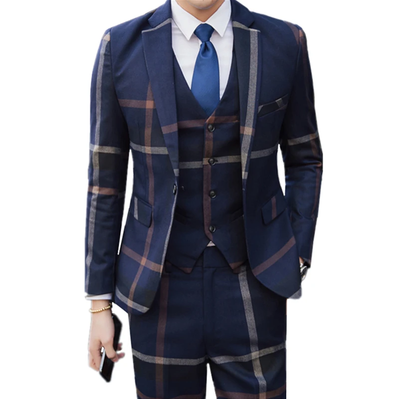 

2023 High Quality Men Single Breasted Plaid Casual Wedding Suit Coat Trousers Men's Business Blazers Jacket Vest Pants 3 Pcs Set