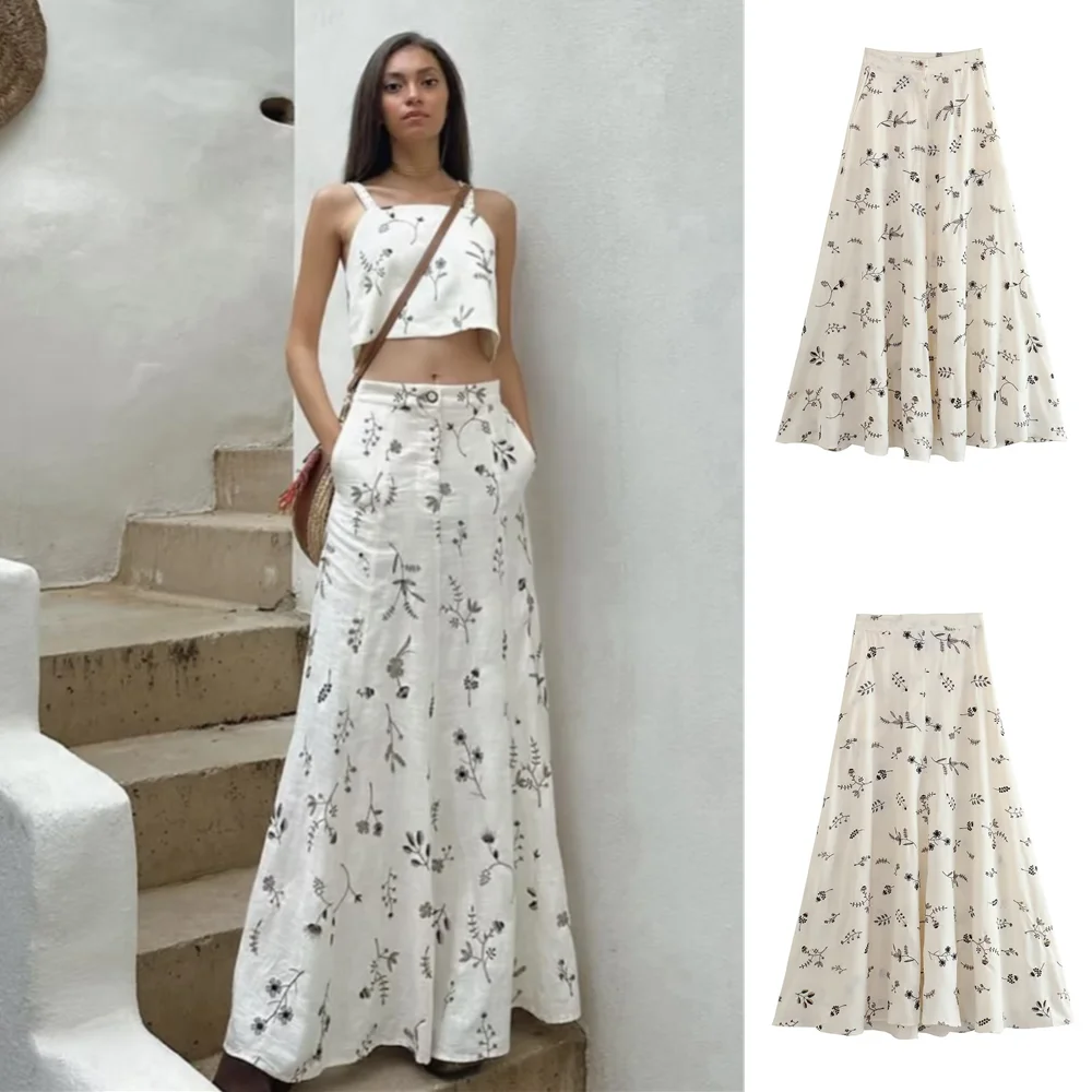 

UNIZERA 2023 Summer New Women's Style Slim Flower Blended Embroidery High Waist Half A-line Skirt
