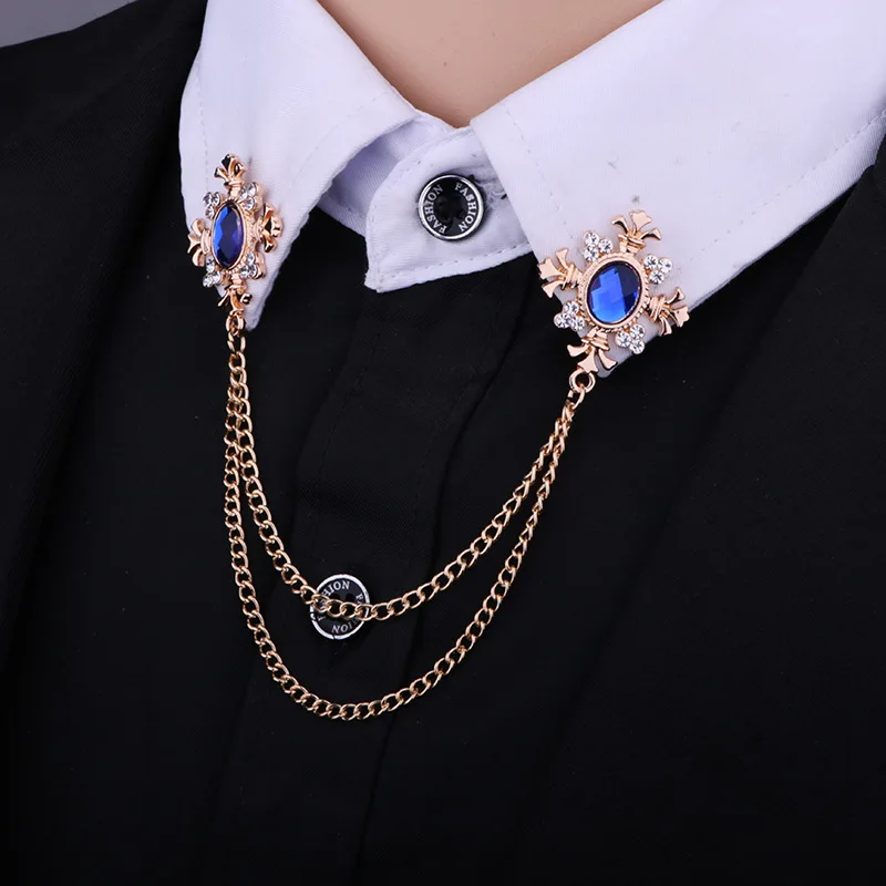 

Vintage Tassel Rhinestone Cross Collar Chain men's Blue Gemstone Badges Women's Shirt Lapel Brooch Sliver Personality Collar Pin