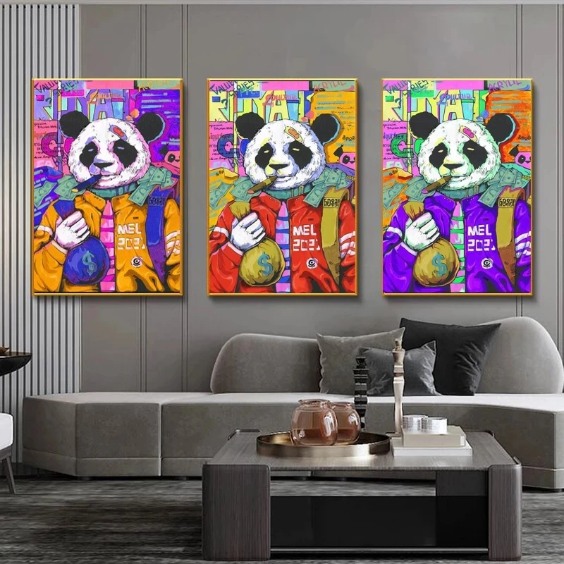 

Pop Art Poster Street Graffiti Panda Smoking Wall Art Posters Prints Money Bag Inspirational Canvas Painting Home Pictures Decor