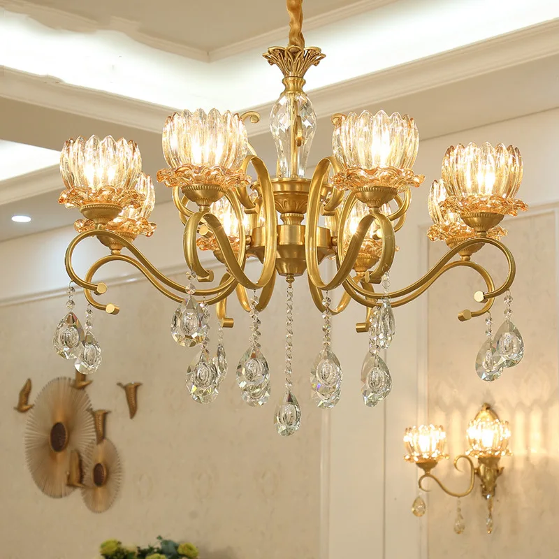 

Copper Pendant Light Atmosphere Simple Lamp Living Room Lamp Lighting Simple European Restaurant Luxury Crystal Pendant Light