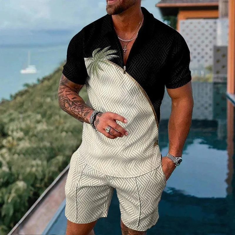Luxury Polo Shirt 2 Piece Outfit Summer Men's 3D Print Man Fashion Hawaiian Beach Vacation Short Sleeve Tracksuit Set