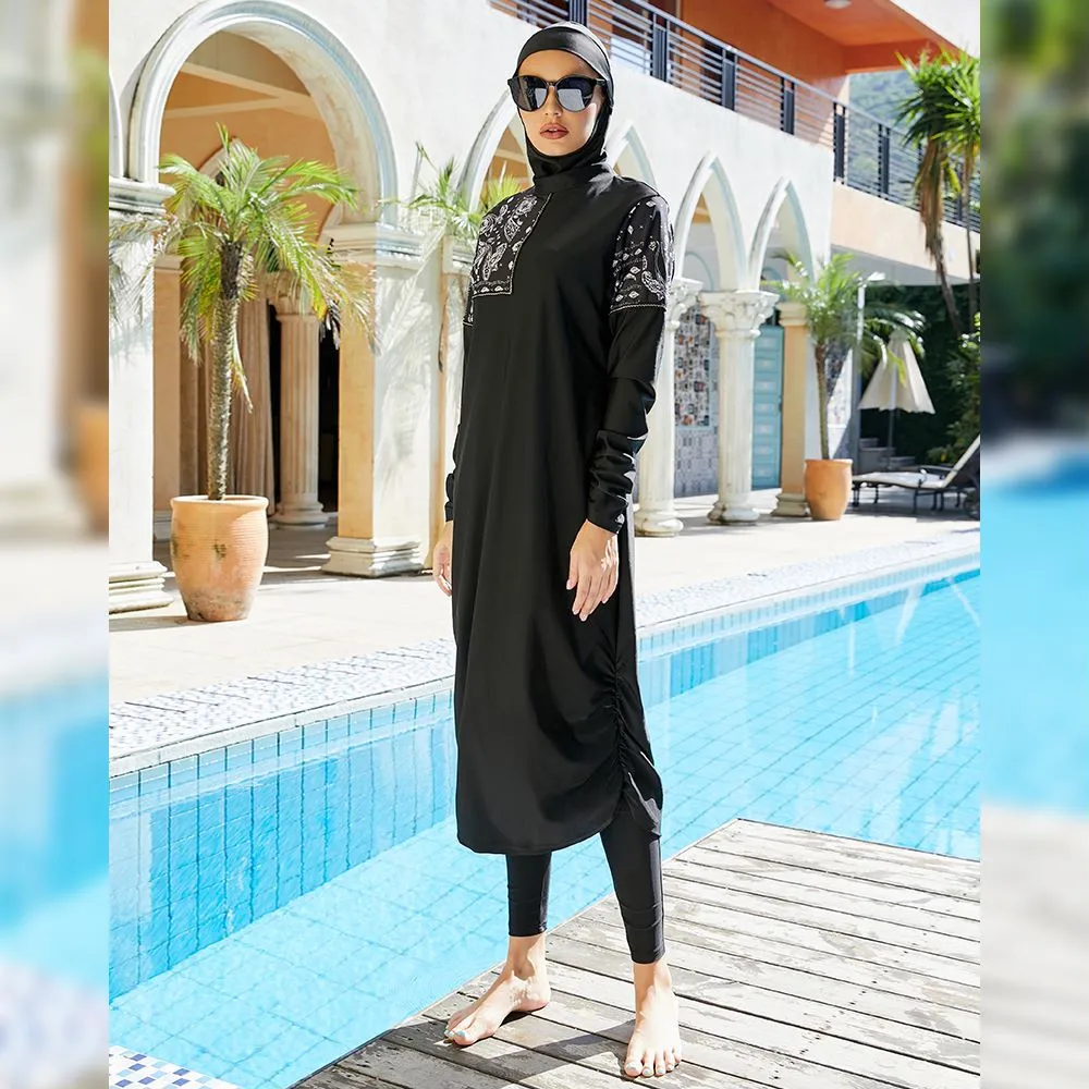 

3 Pieces Plus Size Muslim Swimwear 2022 Printed Patchwork Burkini Swimsuits Women Islamic Modest Swimming Maillot De Bain Femme