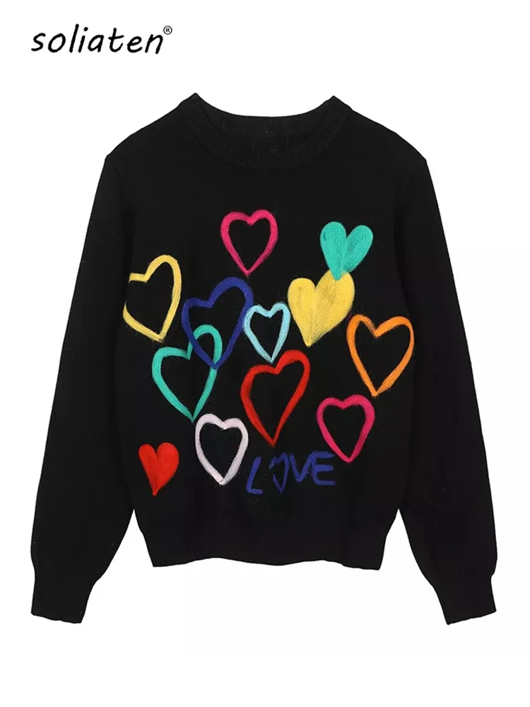 

2022 Spring Women Lovely Sweater O-neck Colorful Candy Color Heart Embroidery Knitwear Slim All-match Pullover Femme C-195