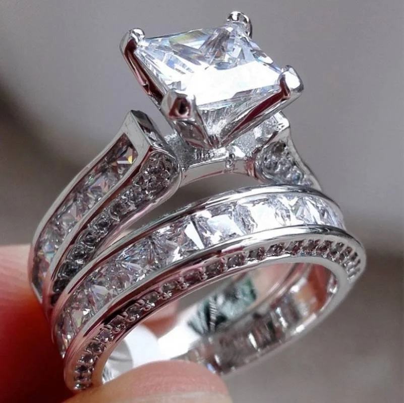

2pcs/Set Women's Bridal Rings Set White Zircon Classic Women's Jewelry Engagement Wedding Rings