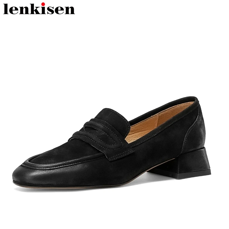 

Lenkisen Natural Cow Leather Square Toe Spring Brand Shoes Concise Style Splicing Leisure Med Heels Slip on Brand Women Pumps