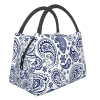 blue and white vintage paisley style insulated lunch bag for women leakproof flowers pattern cooler thermal lunch tote