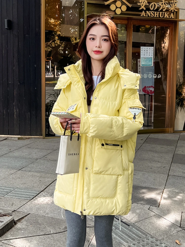 Long Coat Women Hooded Puffer Jacket Letter Patches on Arm Fashion Cotton Padded Bubble Winter Warm Parka Bear -25centigrade