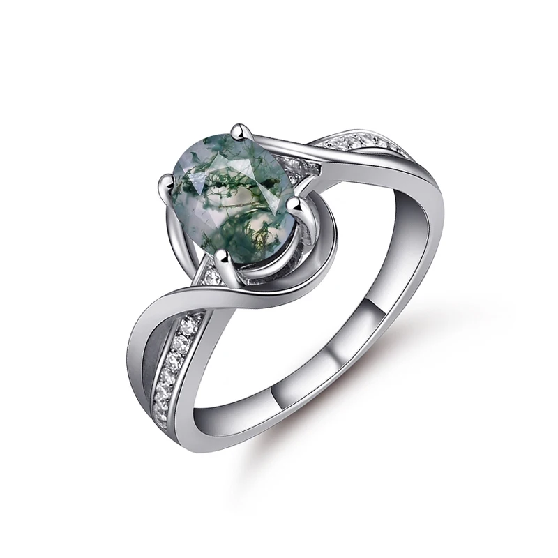 

GEM'S BALLET 1.3Ct Oval Cut Natural Moss Agate Gemstone Engagement Rings 925 Sterling Silver Twist Side Stone Ring Gift For Her