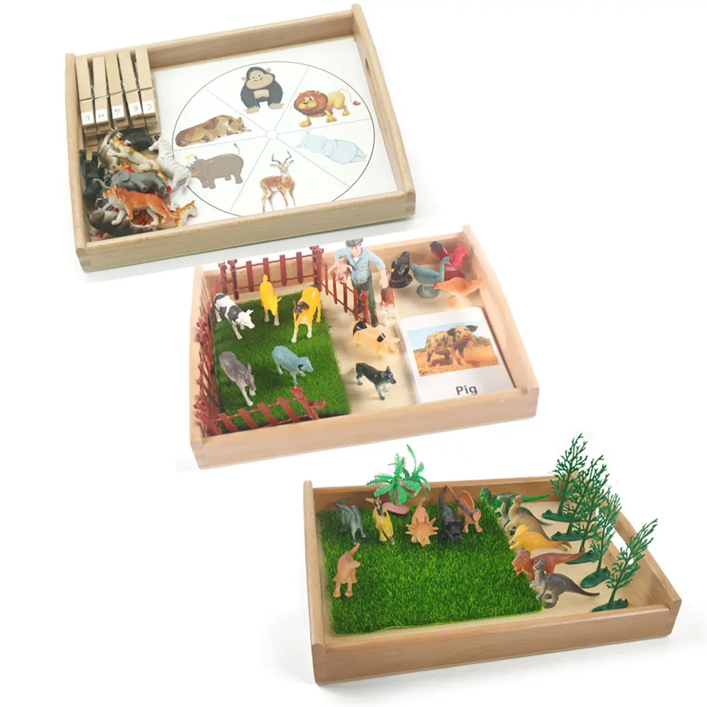 Bandeja de madera Montessori para niños, materiales, tarjetas a juego de animales, juguetes educativos de aprendizaje C446F