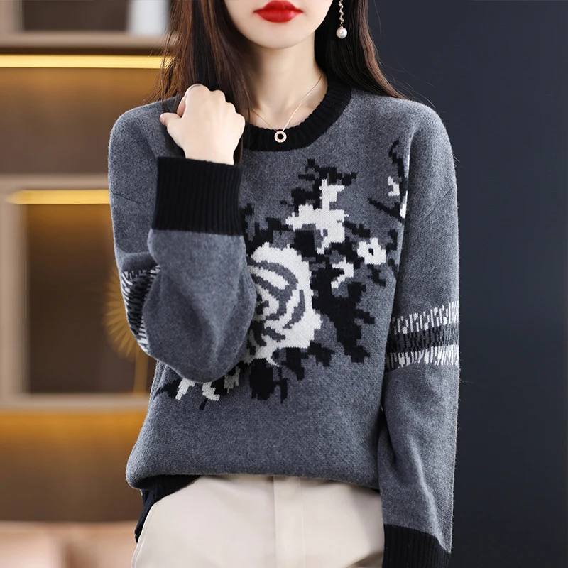 Autumn and Winter 2022 New Sweater Women's Crew Neck 100% Pure Wool Retro Flower Slim Pullover Sweater