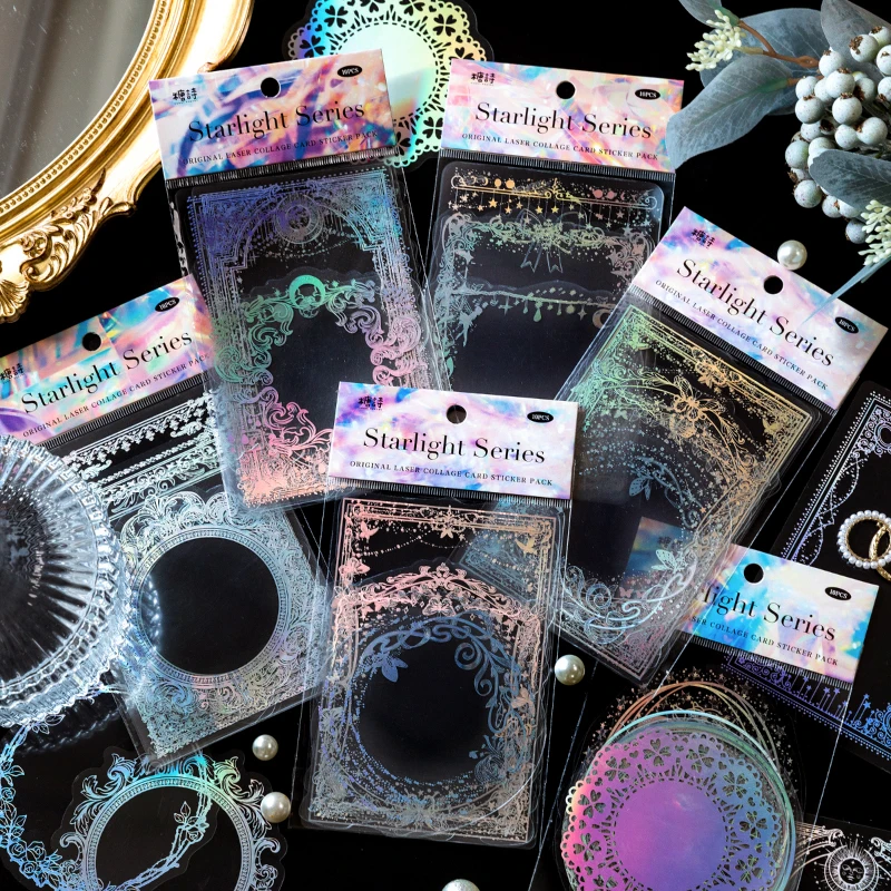 

Yoofun 10pcs/pack Shining Laser PET Stickers Cool Starlight Frame Sticker for Scrapbooking Journal Decor Stationery