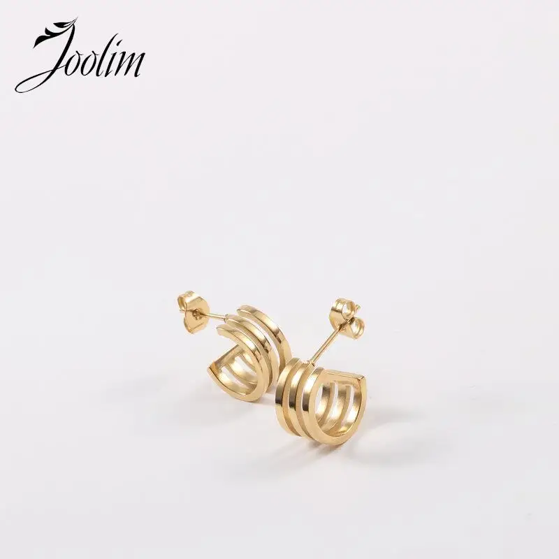 

Joolim Jewelry High Quality 18K PVD Plated Permanent Fashion Three layer Hollow C-shaped Hoop Stainless Steel Earring for Women