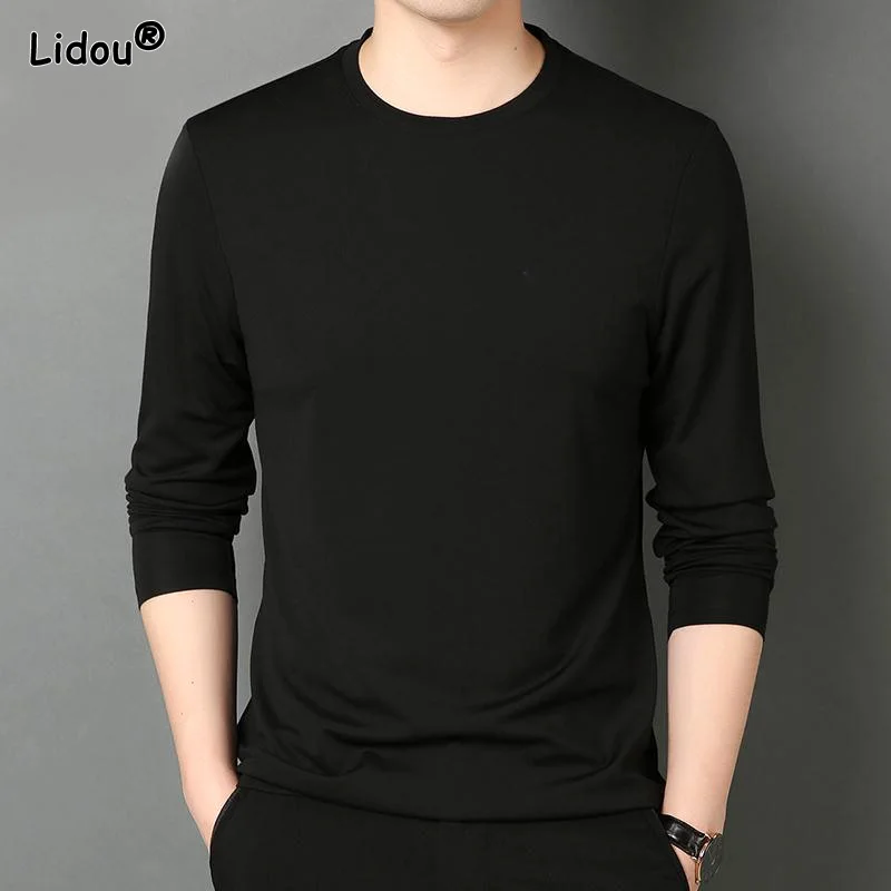 

Causal Fashion Solid Color Long Sleeved Tops Slim Spring Autumn O-neck Comfortable Simple Quick Dry T-shirts Men's Clothing 2022