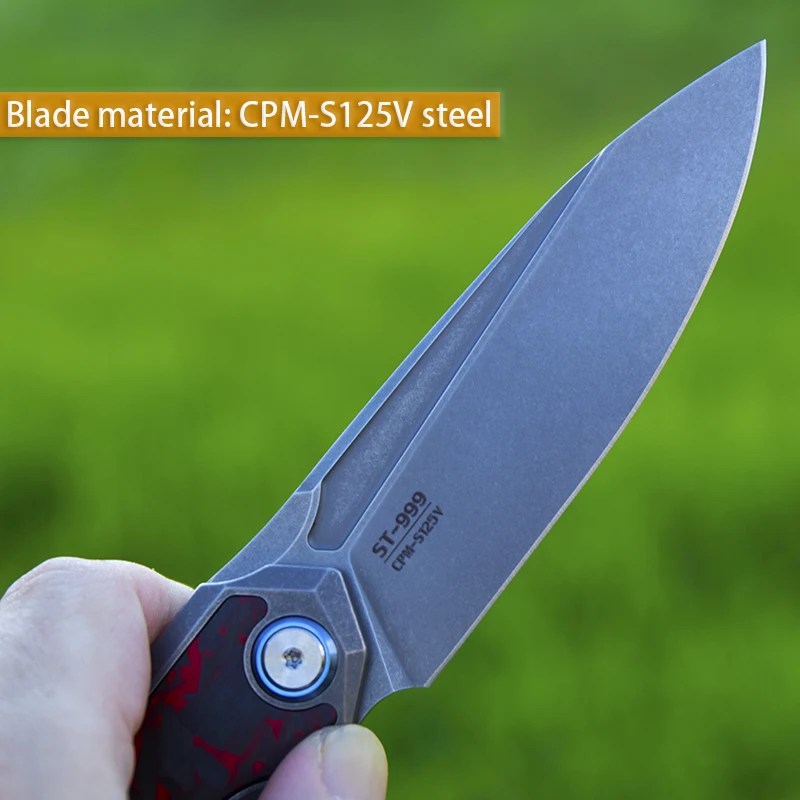 Фото Стальной складной карманный нож S125V, титановая ручка с цветным углеродным волокном для кемпинга, охоты, коллекционный уличный инструмент EDC №4