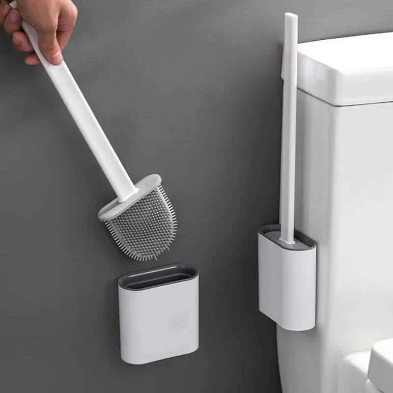 

New Flexible Wall Mounted Toilet Brush with Drain Holder Silicone Cleaning Brushes Soft Bristles Removable Restroom Cleaner Tool