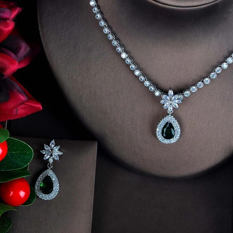 

Fashion Luxury Green CZ Jewelry Sets For Women Water Drop Necklace Earrings Bijoux Set bijoux mariage Wedding Gifts N-594