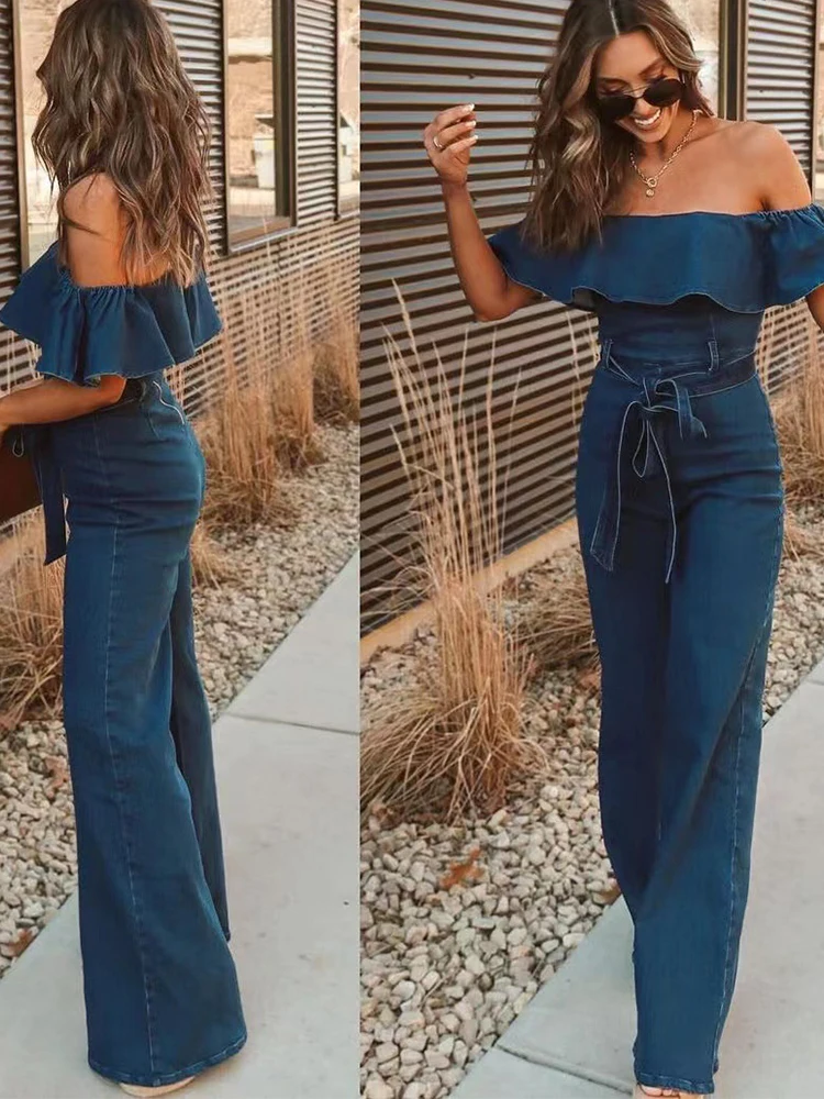 

2022 Solid Faux Denim Jumpsuit Women Sexy Off Shoulder Ruffle Romper Elegant Backless Lace-Up Wide Leg Pant Playsuit Streetwear