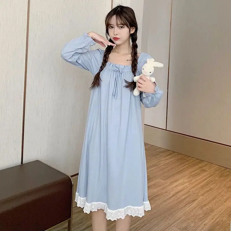 Lace Nightgown Sleepwear Womens Korean Style Ruffles Night Dress One Piece Pajamas Autumn Long Sleeve Solid Tie Home Wear New In