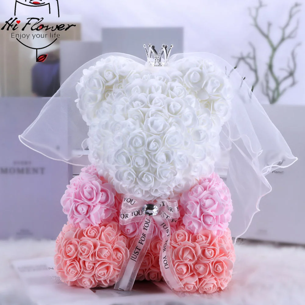 

Wedding Dress Rose Bear 25cm PE Foam Eternal Flower Christmas Valentine's Day Gift Box Girl Friend Wife Present Marry Souvenirs