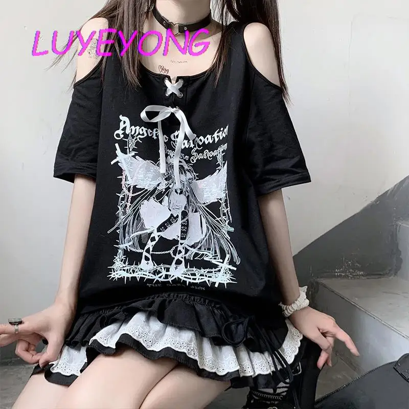 

Summer Street Basic Harajuku Top Y2k Girl Off Shoulder Lace-up Bow Black White T Shirts Women Casual Cartoon Print Loose T-shirt