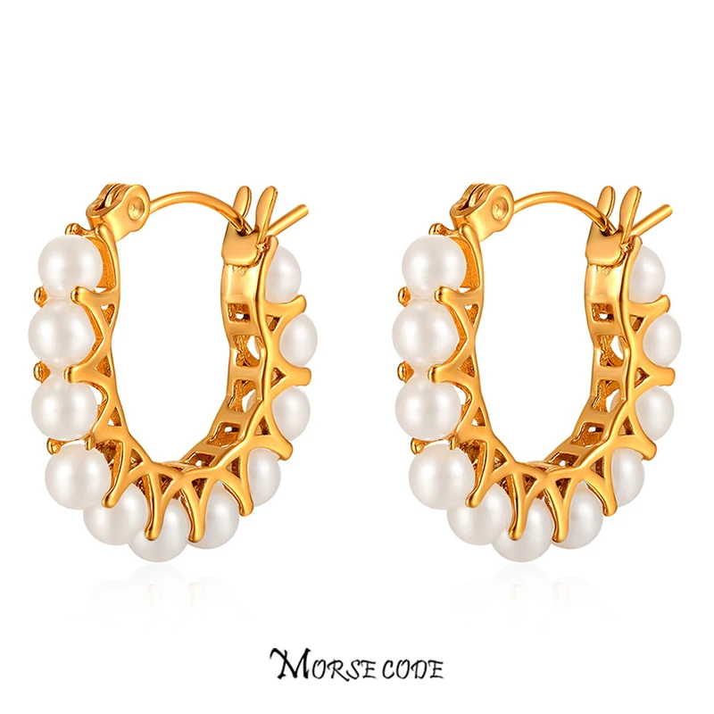

MORSE CODE Big Stainless Steel Ear Piercing Huggie Round Circle Pearls Hoop Earrings for Women Fashion Jewelry Pendientes Gifts
