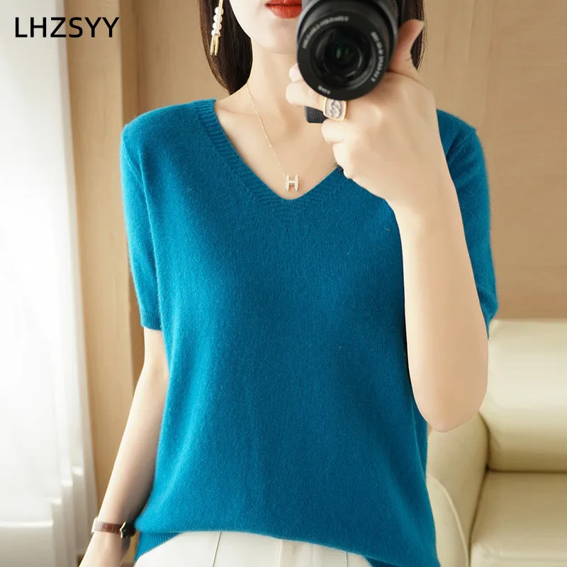 

LHZSYY Women V-neck Slim Cotton Blend Pullover Spring and Summer New Short-sleeved Vest T-shirt Knitted Base Casual Knit Sweater