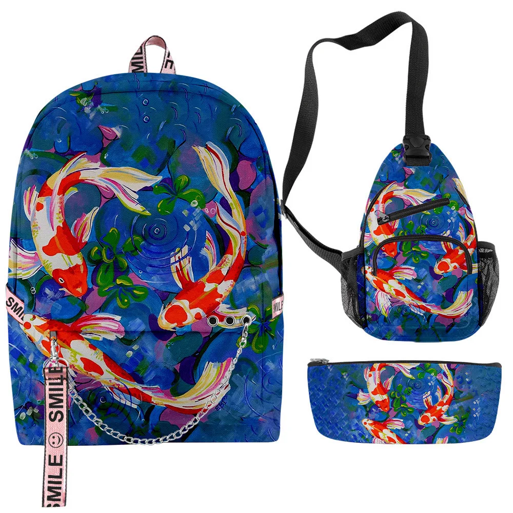 

Popular Fashion Funny Golden Carp 3D Print 3pcs/Set Student School Bags multifunction Travel Backpack Chest Bag Pencil Case