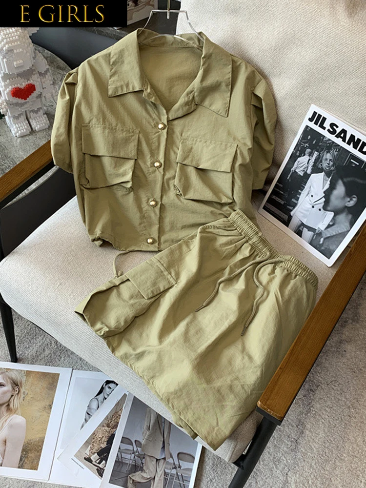 

F GIRLS Summer Outfits Skirt Two Piece Set For Women Short Sleeves 2023 Tooling Style Short Blouses+Sexy Elastic Waist A-Line Sk