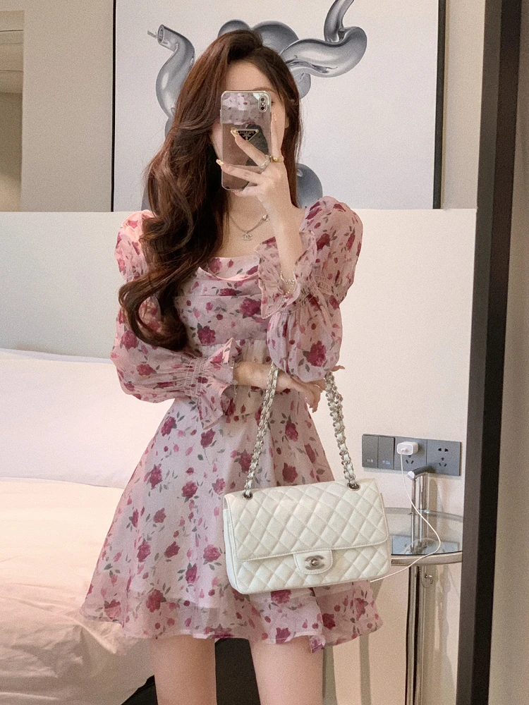 

Vintage Sweety Korean New Fashion Floral Mini Dresses For Women Party Beach Long Sleeve Casual Dress Elegant Summer 2023 Pink